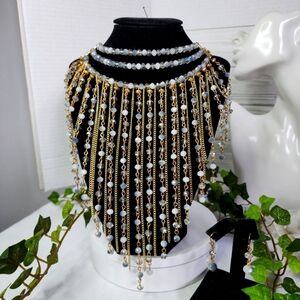 Statement Choker Necklace Earrings Set Cascading Crystal and Chain Waterfall